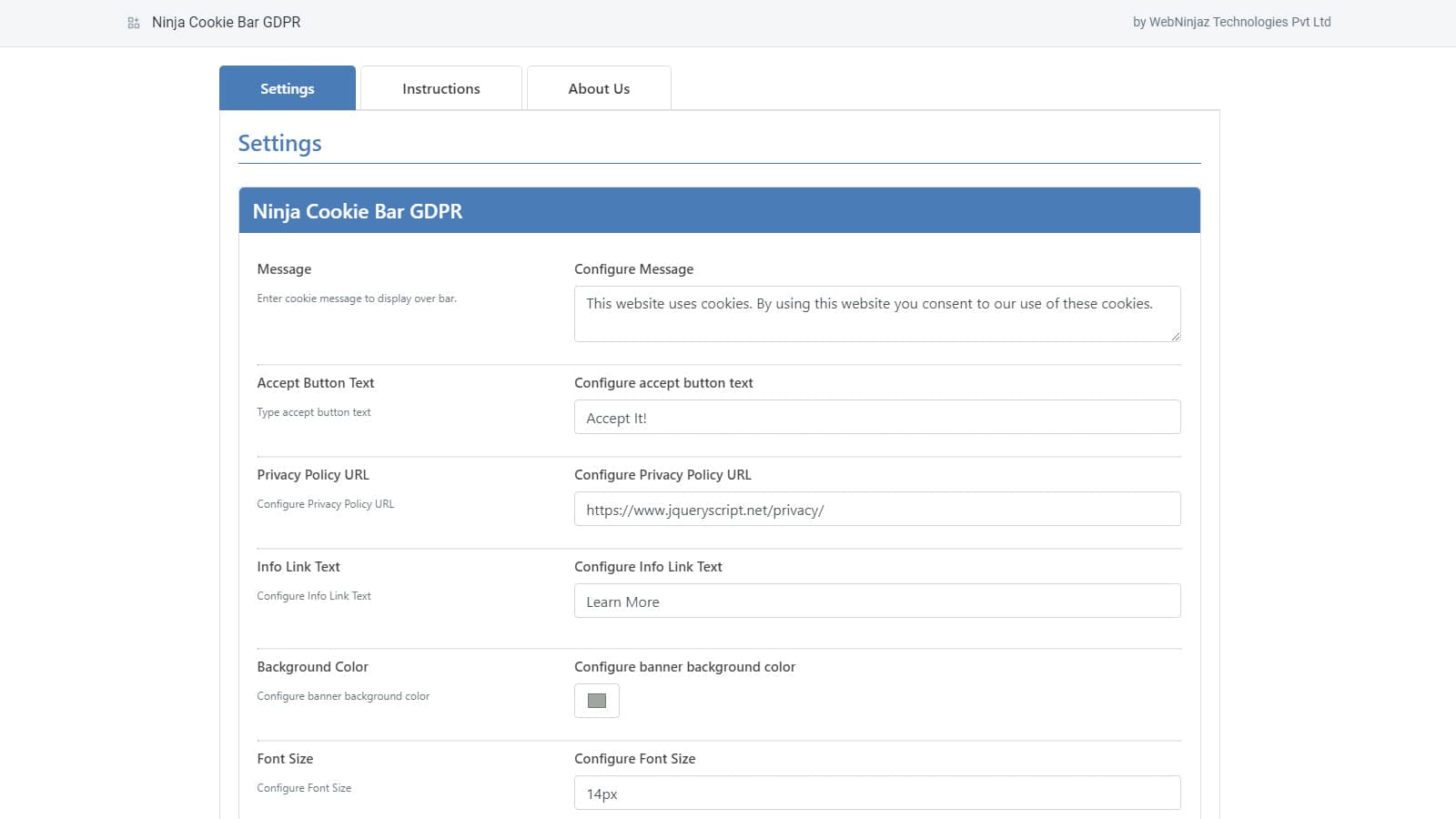 Ninja Cookie Bar GDPR screenshot 2