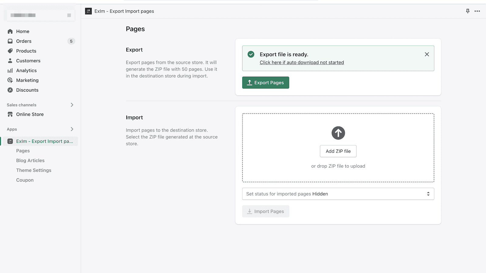 ExIm ‑ Export Import pages screenshot 2
