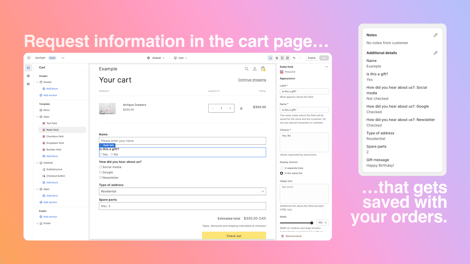 Required: Cart page fields screenshot 1