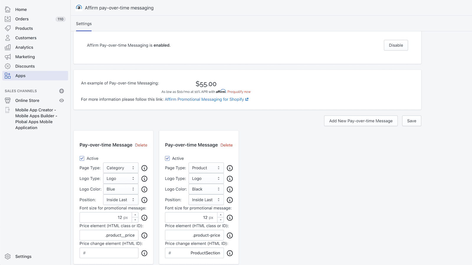 Affirm pay‑over‑time messaging screenshot 1